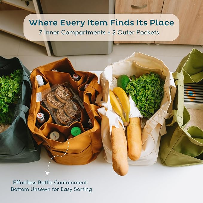 Nook Theory 3-Pack Reusable Grocery Bags - Heavy Duty, Large 12 Oz Cotton Canvas Reusable Shopping Bags With Pockets, 100% Cotton Cloth Grocery Totes, Foldable Multi Compartment (Caramel)