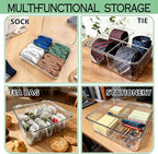 Slomg Sock Underwear Dresser Drawer Organizer with Dividers, Clear 4 Grids Plastic Storage Box Bin with Lid, Small Parts Bead Container for Jewelry Earring Scarves Ties Bras Crafts Fishing Tackle
