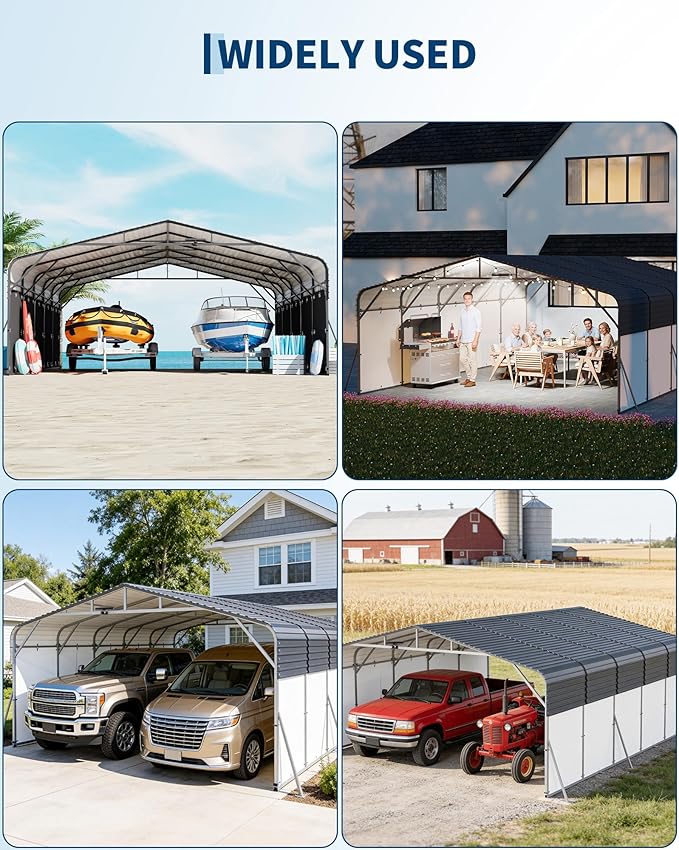 20x25FT Heavy Duty Metal Carport,Outdoor Portable Car Garage w/Led Light,Removable PE SideReinforced Base & Galvanized Steel Roof, Outdoor Car Port Canopy Shelter for Boats, Trucks