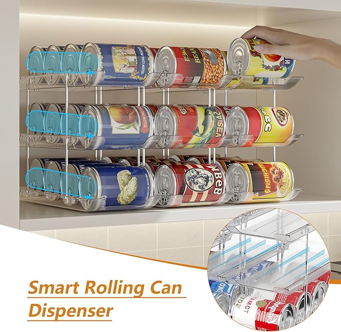 Can Organizer For Pantry Canned Food Goods Organizer For Cabinet Clear Automatic Rolling Can Storage Organizer Pantry Holders Rack, Holds Up to 48 Cans