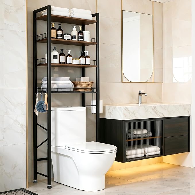 4-Tier Bathroom Organizer Shelf Over The Toilet Storage Cabinet with Feet Pad Over The Toilet Storage Rack with Adjustable Shelf and Basket Bathroom Shelves Above Toilet Bathroom Shelves