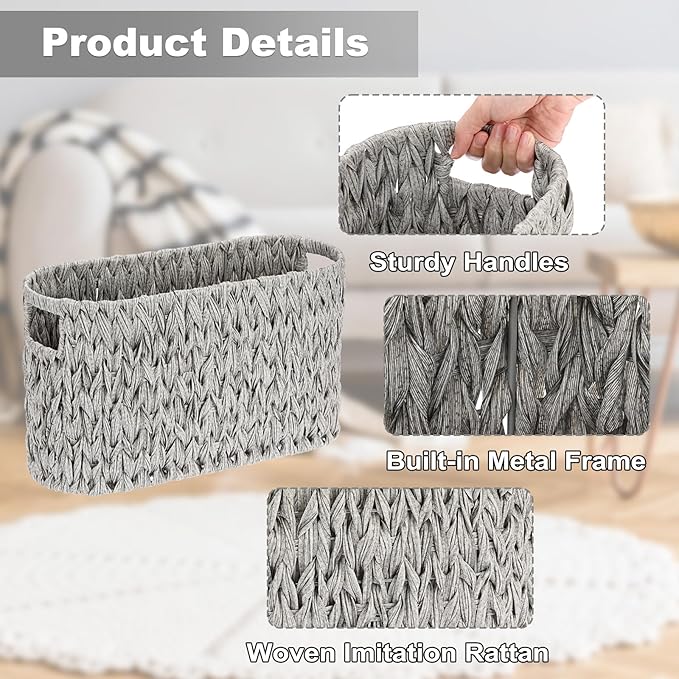 Sumnacon Toilet Paper Storage Basket Freestanding, Woven Toilet Paper Holder Stand with Handle, Decorative Narrow Bathroom Baskets Sturdy Plastic Organizer Bin for Tissue Rolls, Toiletries, Towels