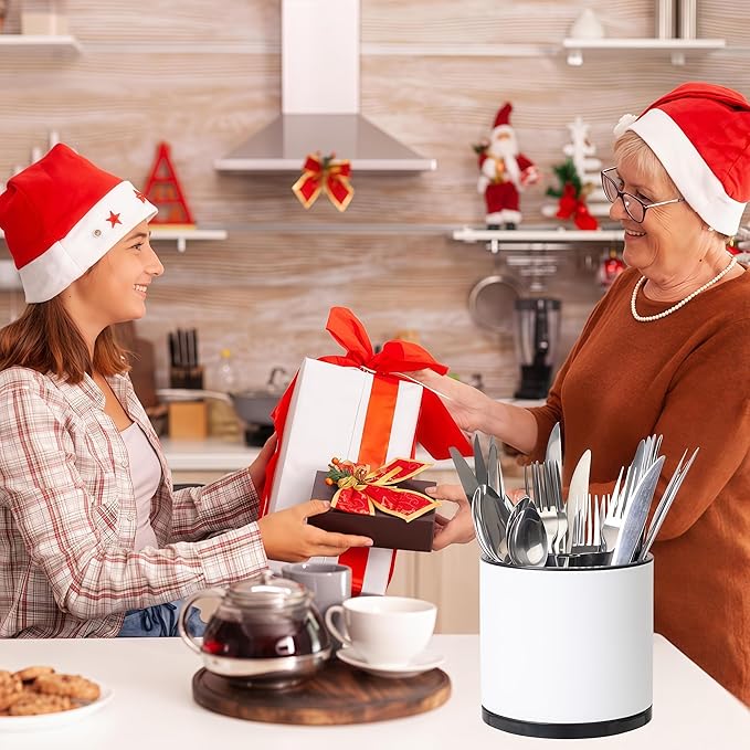 Silverware Organizer Kitchen Utensil Holder 360°Rotating For Counter Organizer Stainless Steel Storage Silverware Caddy 3 Compartment Flatware Spoon Spatula Tool Cutlery Container(White)