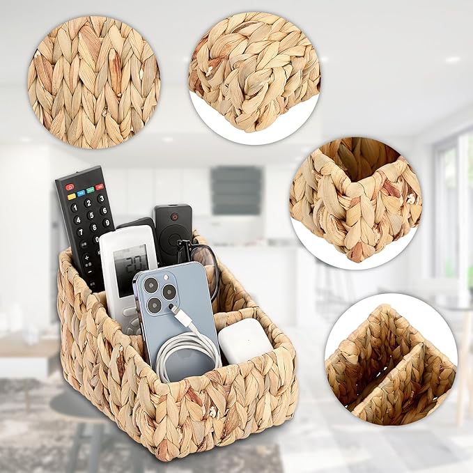 Sumnacon Water Hyacinth Remote Control Holder, Rustic Remote Control Holder Caddy with 3 Compartments,Decorative Remote Control Storage Organizer Caddies for Table, Bedroom,Living Room
