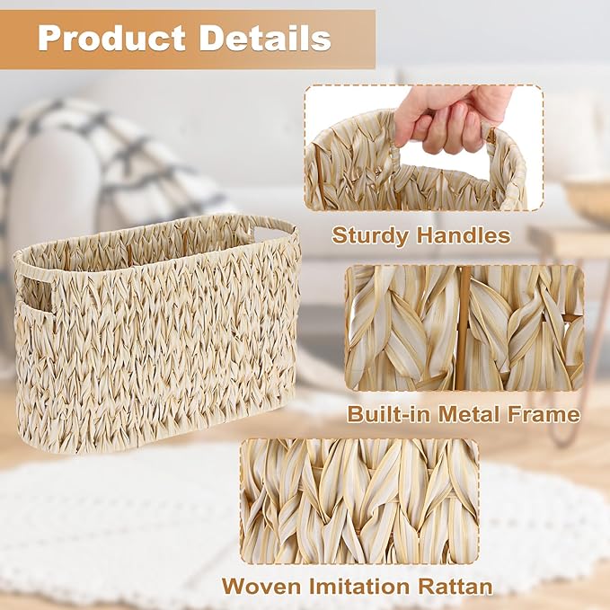 Sumnacon Toilet Paper Storage Basket Freestanding, Woven Toilet Paper Holder Stand with Handle, Decorative Narrow Bathroom Baskets Sturdy Plastic Organizer Bin for Tissue Rolls, Toiletries, Towels