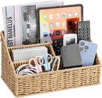 BTSKY Woven Storage Basket Rattan Vertical Wicker Storage Baskets with 4 Compartments Desk Organizers and Storage Magazine File Holder Home Office Supplies Sorter Rack, Wicker Mail Organizer