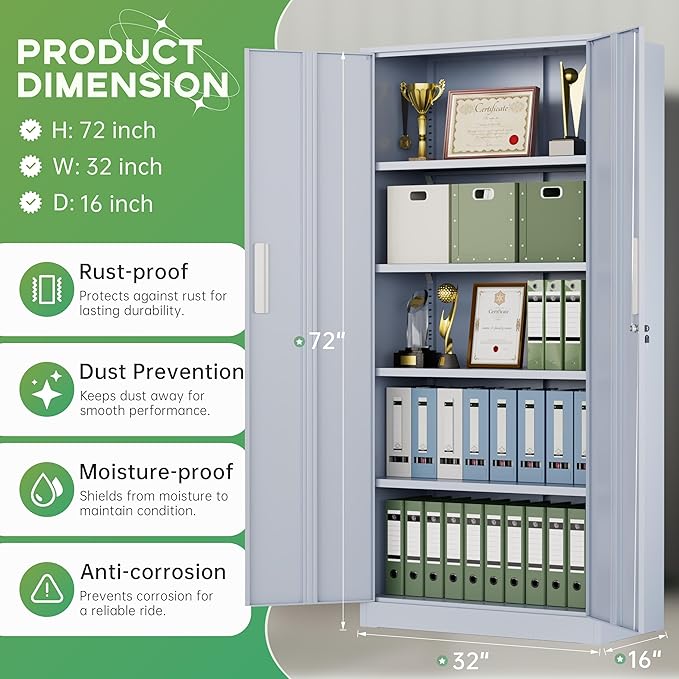 INTERGREAT Metal Storage Cabinet, 72" H Lockable Steel Cabinets with Locking Doors, Storage Locker with Adjustable Shelves for Office, Home, Garage, Gym, School (Cement Grey)