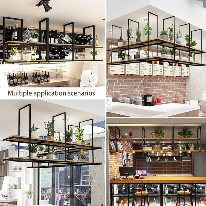 2-Tier Hanging Plant Shelf, Ceiling-Mounted Storage Rack for Kitchen & Home, Floating Flower Pot Stand & Wine Holder, Decorative Organizer (90x30x80cm)