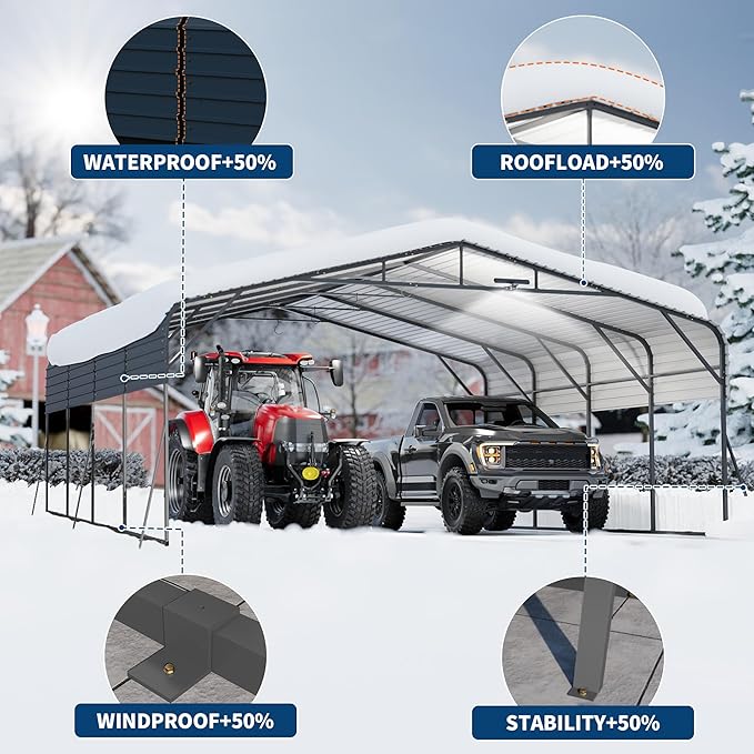 20x20FT Heavy Duty Metal Carport w/Led Light,Outdoor Portable Car Garage,Reinforced Base & Galvanized Steel Roof, Outdoor Car Port Canopy Shelter for Boats, Full-Sized Pickup Trucks