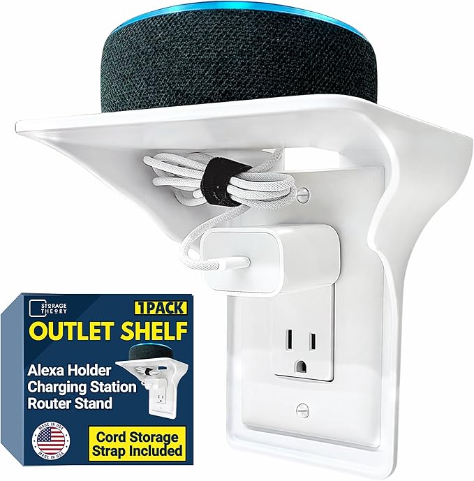 BeraTek Power Perch Wall Outlet Shelf with Cord Storage Strap - Declutter & Reclaim Counter Space - Bathroom Shelf Alexa Holder, Charging Stand, Apple Homepod Mini Wall Mount - White, 1-Pack