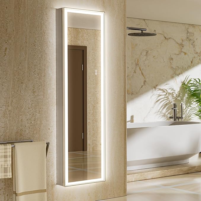 16"x60" Tall Lighted Medicine Cabinet with Mirror & Brush Nickel Bevel Frame, Surface or Recessed LED Mirror Cabinet with Outlet, 5-Tier Adjustable Shelf & Sensor Inner Light (Right Hinge)