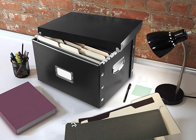 Snap-N-Store File Storage Box & Organizer - 1 Pack - 16.125 x 13.125 x 9.875 Inch Letter/Legal Size Portable File Box with Lid for Documents - Back To School Supplies for Students - Glossy Black