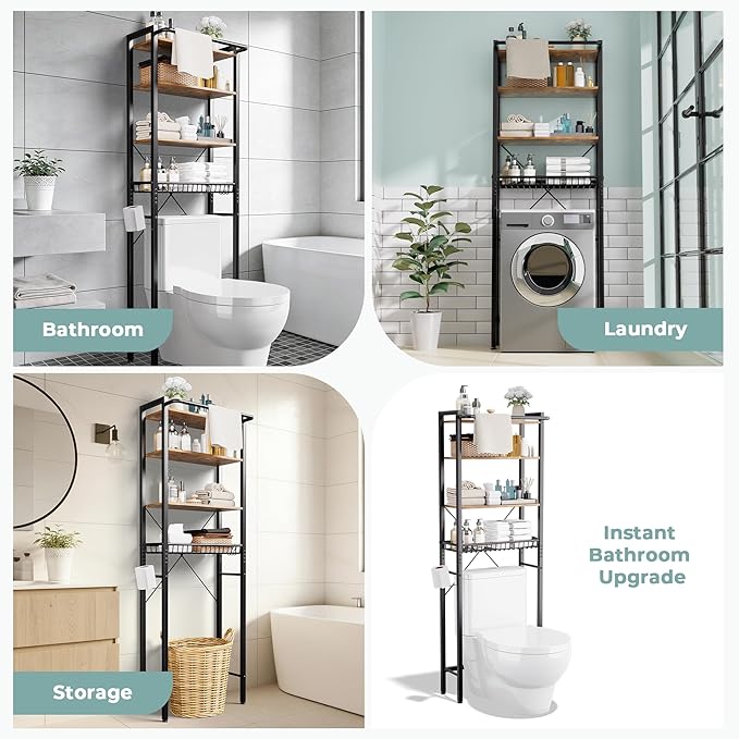 Over-The-Toilet Storage Shelf, 4-Tier Bathroom Organizer Shelf, Freestanding Space Saver Shelves Over Toilet with Adjustable Shelf for Bathroom, Brown