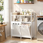 Homykic Tilt Out Laundry Hamper Cabinet, Bamboo Double Laundry Hamper with 2 Removable Laundry Baskets, 20 Gal Laundry Sorter Organizer with Shelf for Dirty Clothes, Bathroom, Laundry Room, White