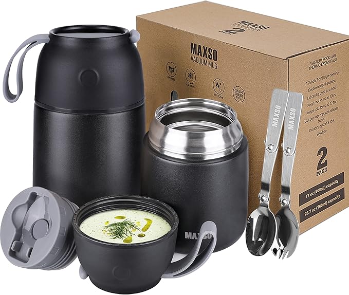 MAXSO 2 Pack Soup Thermo for Hot & Cold Food for Kids Adults, Vacuum Insulated Food Jar Thermal Lunch Containers, Travel Food Flask with Spoon (24 oz,17 oz) (Black)