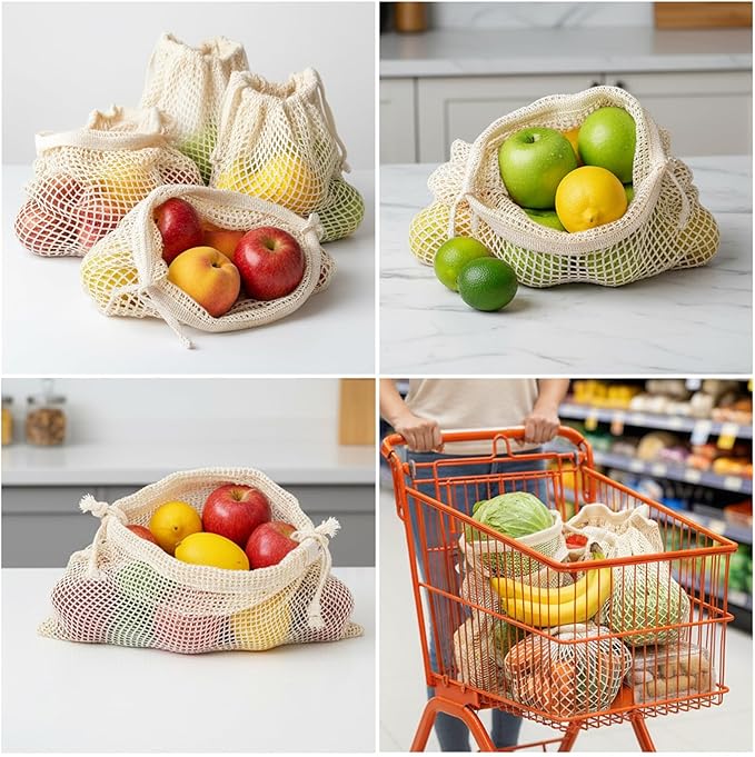 6 Pack Reusable Produce Bags Washable Reusable Bags Cotton Mesh Produce Bag Double-Stitched with Drawstring Vegetable Bag for Refrigerator for Farmer Market Beach Fruit Grocery Shopping （2L、2M、2S）