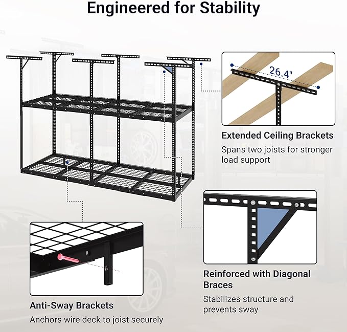FLEXIMOUNTS 3x8 2-Tier Overhead Garage Storage Rack – Adjustable Heavy Duty Metal Garage Ceiling Storage Racks, 1000 lbs Capacity – Garages Organization System for 9–15 ft Tall Garages, Black