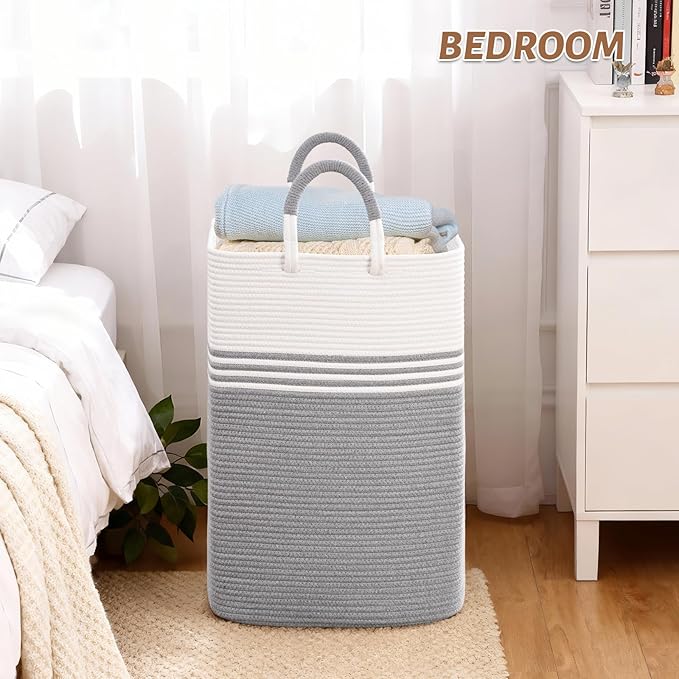 Laundry Basket Hamper,Blanket Storage,Dirty Clothes Hamper with Swivel Handles,Woven Cotton Rope Toy Baskets,Blanket Basket Living Room,Decorative Hampers for Nursery,Bedroom,White & Gray,100L