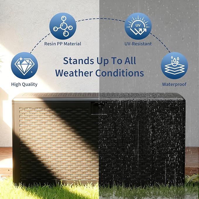 Garvee 99 Gallon Waterproof Large Resin Deck Box Indoor Outdoor, Lockable Storage Container for Patio Furniture Tools, Waterproof Deck Box Patio Storage Bin for Pool Garden, Black