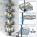 Skycarper 5 Tier Adjustable Corner Shower Caddy Organizer with Hooks,Rustproof Tension Pole 62-116 Inch, Black