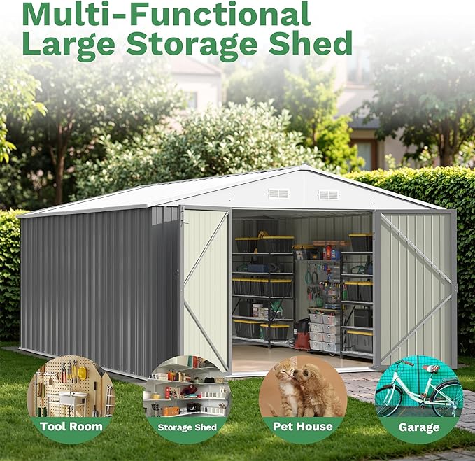 Patiowell 10x14 FT Storage Shed, Outdoor Metal Steel Garden Shed with Lockable Door and Sloping Roof, Large Outside Utility Tool Sheds for Backyard Garden Patio, Gray