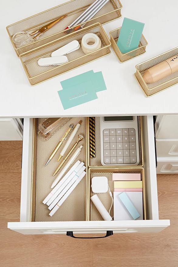 Annova Stackable Mesh Drawer Cabinet and Shelf Organizer Bins Storage Basket School Office Supply Holder Tray- Set of 2 (Gold, 3x3x2 Inch)