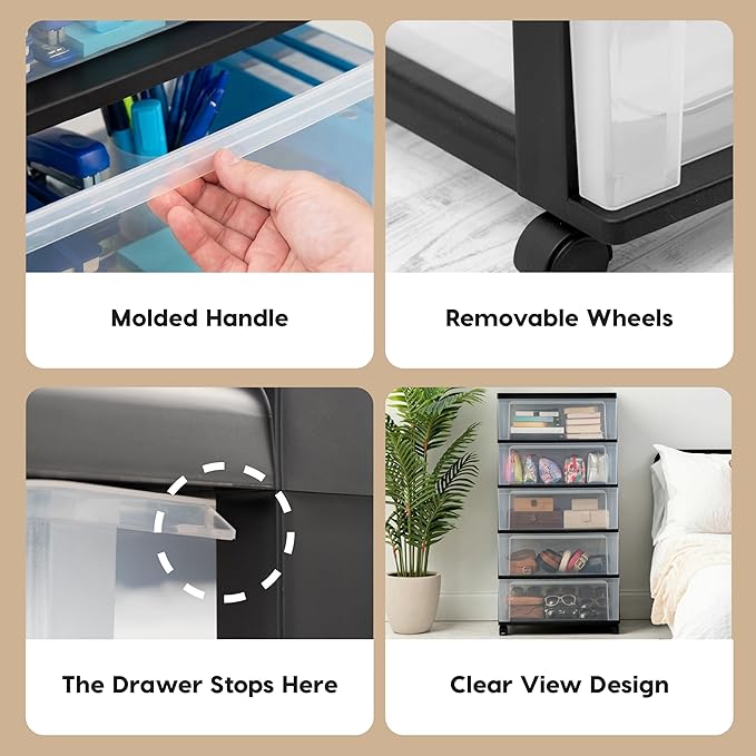 IRIS USA Plastic Drawer Storage Organizer Rolling Cart, with Wheels Casters, 5-Drawers, for Art Craft Supplies Bathroom Dorm Bedroom Laundry Room, Wide, Black