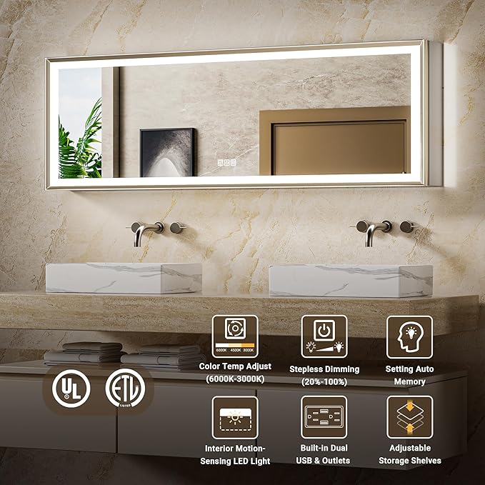 60x20 Beveled Brushed Nickel Aluminum Framed Medicine Cabinet with Flip-up Mirror Door, Surface or Recessed Dimmable Lighted Medicine Cabinet with Defogger, Outlet, and Sensor Inner Light
