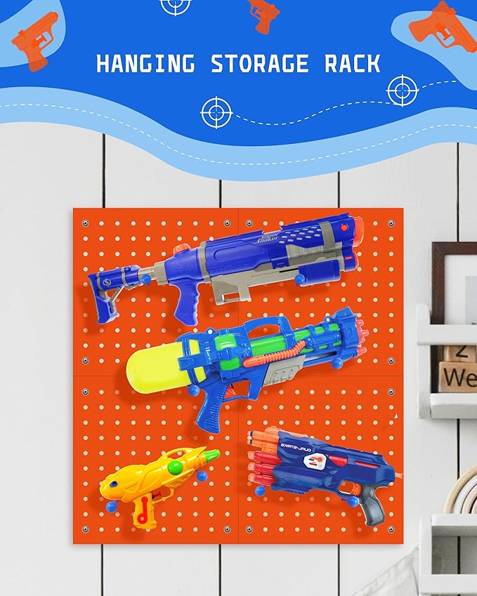 Skywin Wooden Peg Board for Nerf Gun Storage Organizer 13 x 13 x 0.31 Inches - Compatible with All Blasters Nerf Gun Rack Organizer for Wall Organization (Orange)