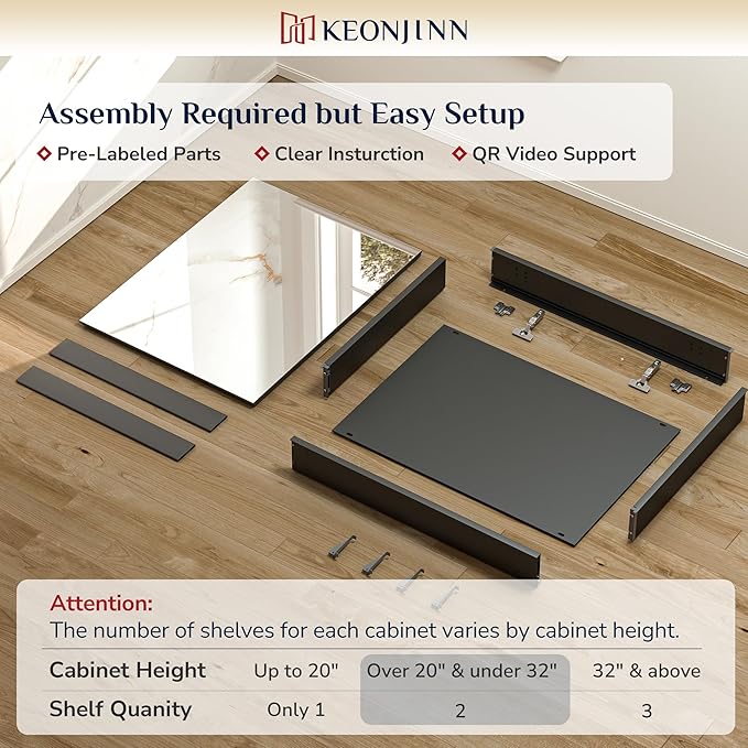 Keonjinn 20 x 26 Inch Black Medicine Cabinet, Bathroom Medicine Cabinet with Mirror, Lightweight Aluminum Structure, Assembly Required, in Wall or Wall Mount, Free Adjustable Shelves, Tempered Glass