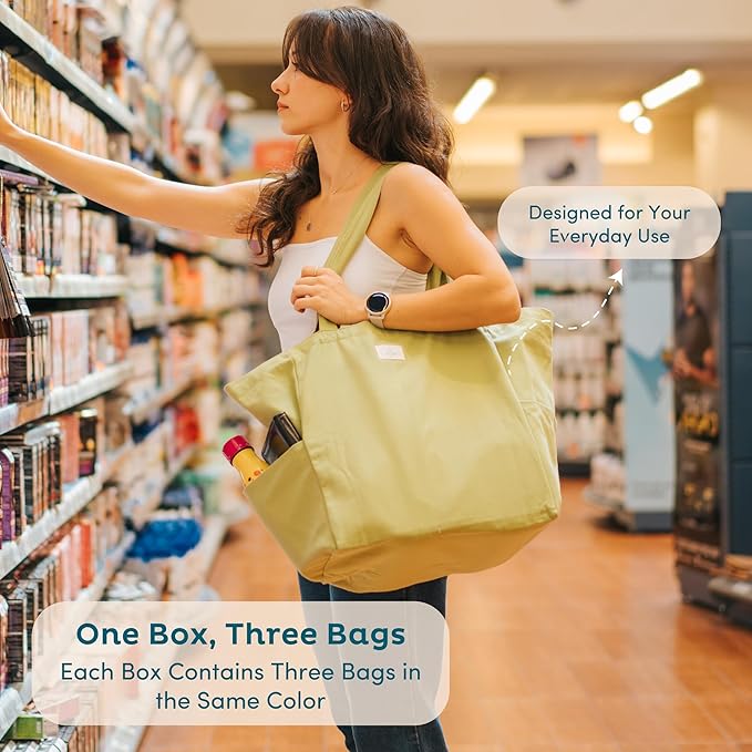 Nook Theory 3-Pack Reusable Grocery Bags - Heavy Duty, Large 12 Oz Cotton Canvas Reusable Shopping Bags With Pockets, 100% Cotton Cloth Grocery Totes, Foldable Multi Compartment (Cream)