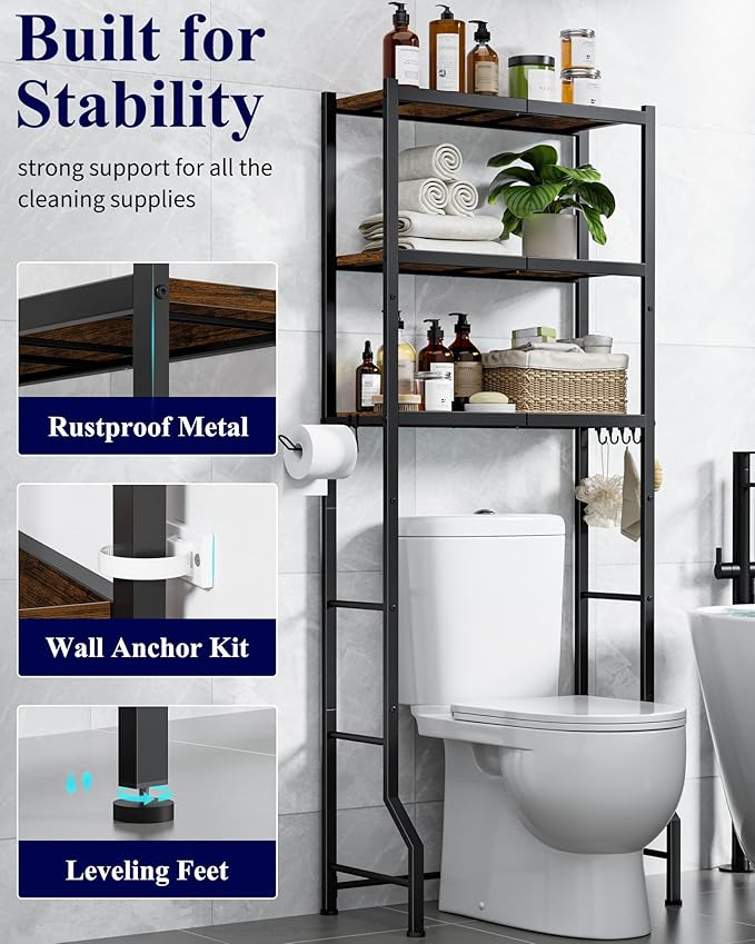Kitsure Over The Toilet Storage Rack - Freestanding Over The Toilet Storage Cabinet with Paper Holder & Hooks, Bathroom Organizers and Storage, Brown + Black, 3 Tiers (61" H)