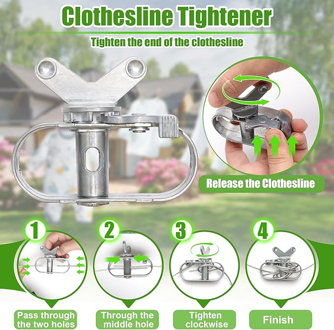 Outdoor Clothesline Kit, Clothesline Pulley Kit Include 150FT Clothes Line/ 2 Pulley/ 2 Separator Spreader/Tightener/ 4 Hooks for Outdoor Clothes