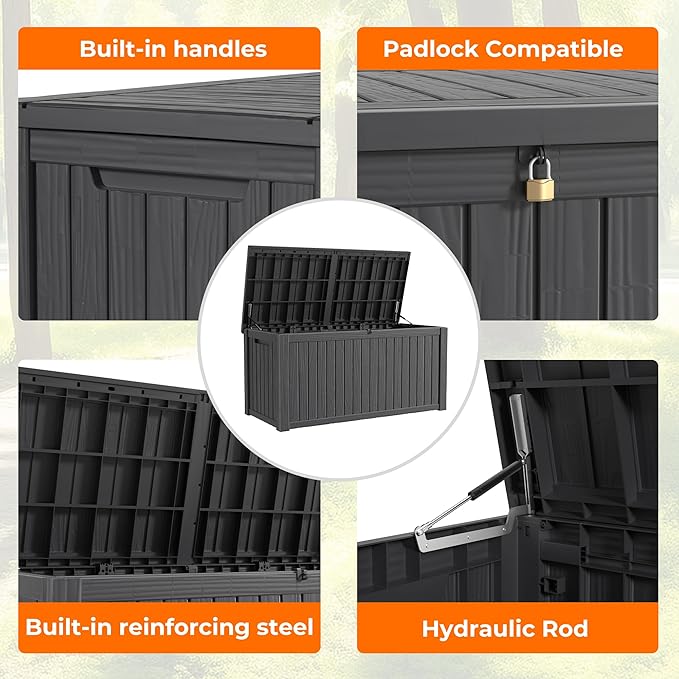 190 Gallon Deck Box Large Outdoor Storage Box Waterproof for Patio Furniture,Outdoor Cushions,Garden Tools and Pool Supplies,Weatherproof(Black,190Gallon)