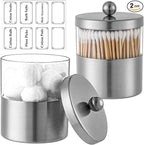 Gaussra Apothecary Jars, Qtip Holder - Brushed Stainless Steel Bathroom Jar with Stickers - Farmhouse Decor Qtip Dispenser for Qtips, Cotton Balls, Swabs, Makeup Sponges (2 Pack, Brushed Nickel)