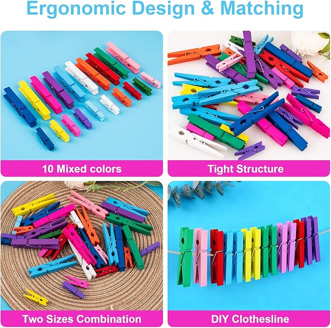 128 Pcs Colored Clothespins 10 Color, Colored Clothes Pins Wooden (68 Pcs 2.9 Inch Large Wooden Clothespins 60 Mini Clothespins), Clothes Pins for Classroom