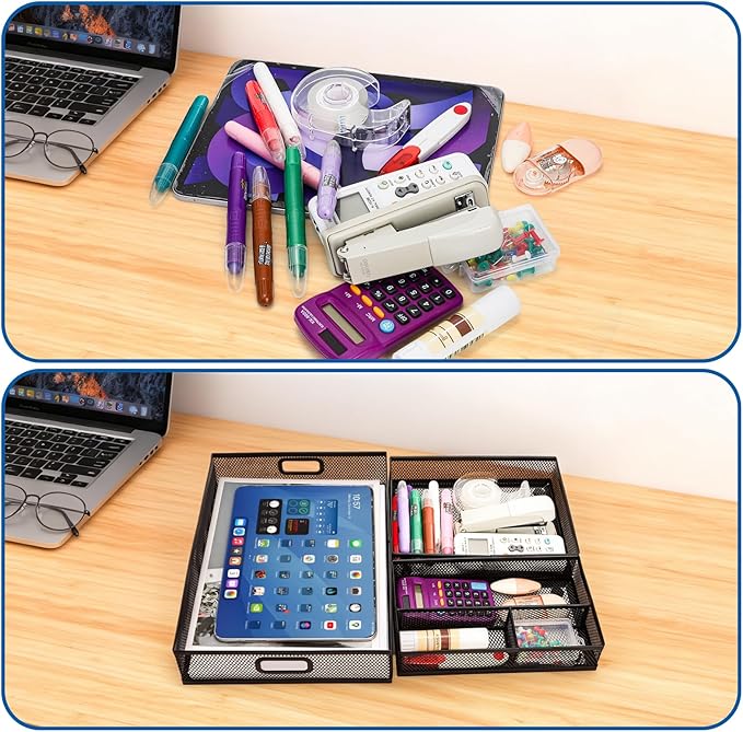 3 Pack Office Drawer Organizer, Desk Drawer Divider Tray, Metal Mesh Desktop Basket, 6 Compartments Pen Storage Box for Makeup, Stationery, Office Supplies & Accessories, Kitchen(Black,3 Size)