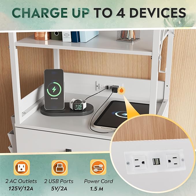 DEVAISE 2 Drawer File Cabinet with Lock, Charging Station & Adjustable Shelf,Tall Filing Cabinet for Home Office with Hook, Printer Stand Fits A4/Letter/Legal, White
