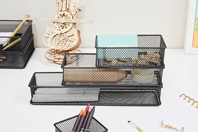 Annova Mesh Drawer Cabinet and Shelf Organizer Bins Storage Basket School Office Supply Holder Tray- Set of 2 (Black, 3x6x2 Inch)
