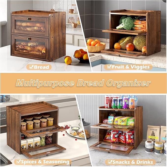 Double Layer Large Bread Box for Kitchen Counter, Wooden Corner Bread Storage Container with Acrylic Window, Retro Brown