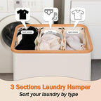 efluky Laundry Hamper with Lid, Trio Laundry Hamper with 3 Removable Bags, 3 Section Laundry Basket with Bamboo Handles for Bathroom, Bedroom & Laundry Room, 160L Beige