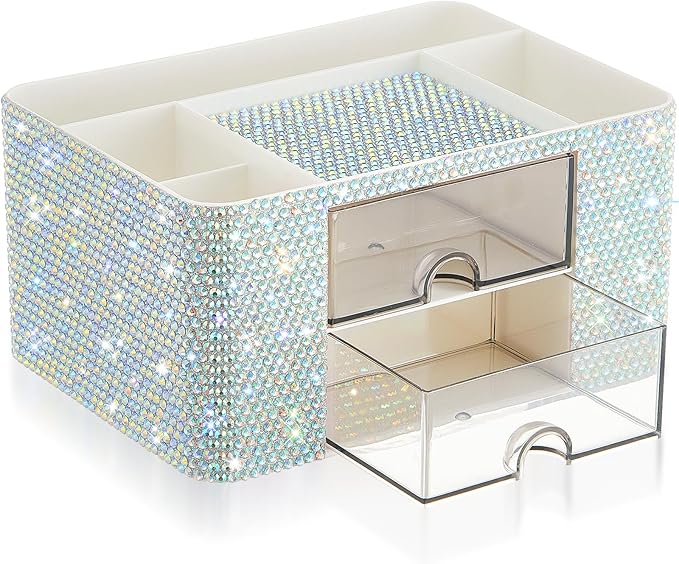 Silver Bling Desk Organizer with 2 Drawer, Sparkly Makeup Organizer for Vanity, Girly Desk Accessories, Rhinestone Pen Holder, Elevate Your Workspace with Silver Serenity (Diamond)