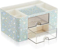 Silver Bling Desk Organizer with 2 Drawer, Sparkly Makeup Organizer for Vanity, Girly Desk Accessories, Rhinestone Pen Holder, Elevate Your Workspace with Silver Serenity (Diamond)