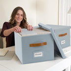 ZICOTO Decorative File Organizer Box Set of 2 - Collapsible Linen Filing Cabinets w/Handles Are Perfect to Store all Your Documents & Hanging File Folders - Portable Easy Slide Crates with Lid