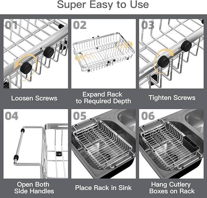 MAJALiS Over The Sink Dish Drying Rack for Small Kitchen Counter Space Saving, Expandable Stainless Steel Compact RV Plate Drain Strainer in Silver Wire Metal with Hanging Adjustable Utensil Holder