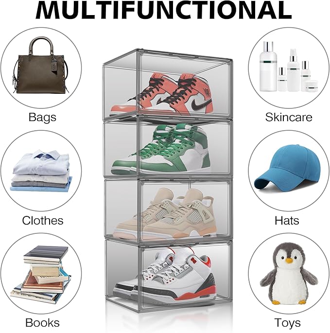 12 Pack Large Shoe Organizers Storage Boxes for Closet Clear Plastic Stackable Shoe Box Storage Bins with Lids, Under Bed Shoe Containers for Entryway, Size 12 Gray