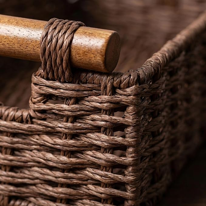 Back of Toilet Basket with Wood Handles, Brown Wicker Toilet Paper Basket for Toilet Tank Top, Narrow Toilet Tank Basket, Bathroom Basket Organizer for Wipes & Essentials