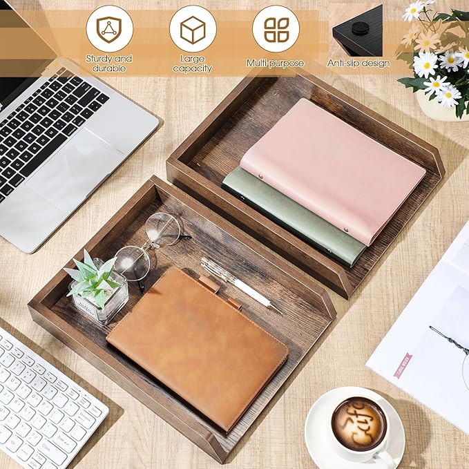 2 Pcs Wooden Letter Trays Wood Letter-Size Desk Organizer Heavy Duty 2 Tier Stackable Supports Paper Tray Desktop Drawer Organizer File Folder Magazine Office Accessories (Dark Wood)