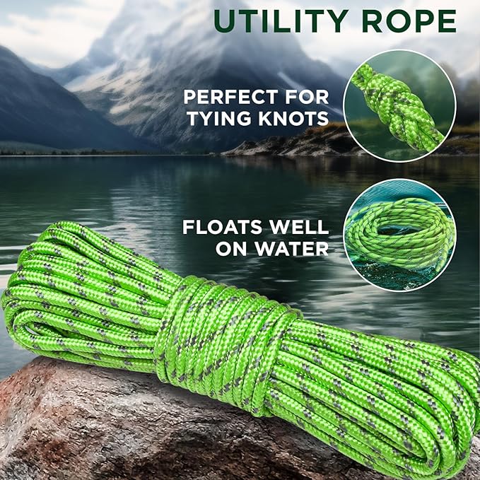 TECEUM Rope – 90 Feet x 3/8 Inch (10mm) – Green Gray – Strong All-Purpose Utility Rope – Camping, Crafting, Flag Pole, Indoor & Outdoor – Polypropylene Nylon Poly Lightweight Diamond Braided Cord