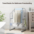 ELYKEN 40'' Tall Standing Towel Racks, 3 Tier Towel Drying Rack Outdoor, Pool Towel Stand Blanket Holder with Shelf & 4 Removable Hooks, Metal Freestanding Towel Racks for Bathroom, Smooth Silver